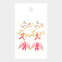 3Pairs - Pink Ribbon Bird Hope Message Wings Stud Earrings