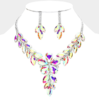 Flower Accented Marquise Stone Cluster Evening Necklace