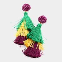 Mardi Gras Beaded Dome Triple Layered Tassel Dangle Earrings