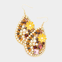 Pearl Flower Stone Bead Embellished Teardrop Dangle Earrings