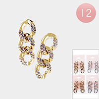 12Pairs - Rhinestone Embellished Metal Chain Link Dangle Earrings