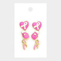 3Pairs - Pink Ribbon Heart Gloves Stud Earrings