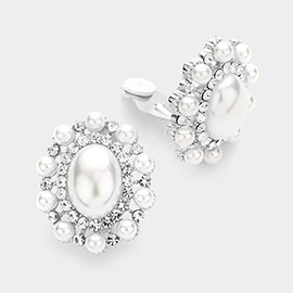 Oval Pearl Accented Clip on Evening Earrings