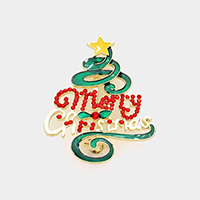 Rhinestone Embellished Enamel Merry Christmas Tree Pin Brooch