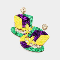 Mardi Gras Fleur de Lis Pointed Glittered Hat Dangle Earrings