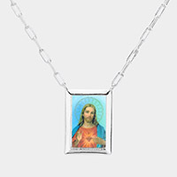 White Gold Dipped Brass Metal Sacred Heart of Jesus Pendant Necklace
