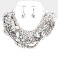 Bold Metal Stone Braided Collar Necklace