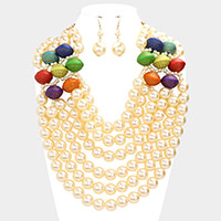 Colorful Wood Pointed Multi Layered Pearl Bib Necklace