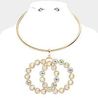 Round Stone Embellished Double Open Circle Link Necklace