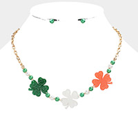 St. Patrick's Day Triple Glittered Resin Clover Pearl Necklace