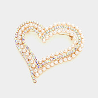 Pearl Rhinestone Embellished Open Heart Pin Brooch