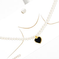 Gold Dipped Brass Metal Enamel Heart Pendant Pearl Necklace