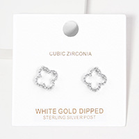 White Gold Dipped CZ Embellished Quatrefoil Stud Earrings