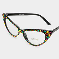 Mardi Gras Crystal Cat Eye Clear Lens Sunglasses
