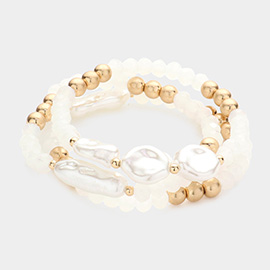 3PCS - Pearl Accented Metal Ball Faceted Beaded Stretch Bracelets