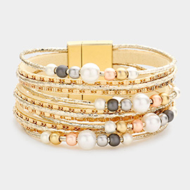 Pearl Pointed Metal Chain Faux Leather Magnetic Bracelet