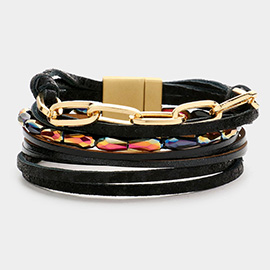 Open Metal Oval Link Faux Leather Magnetic Bracelet