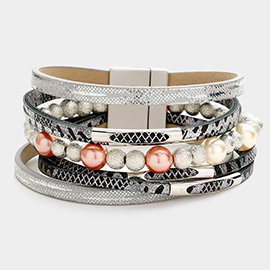 Pearl Metal Ball Accented Faux Leather Magnetic Bracelet