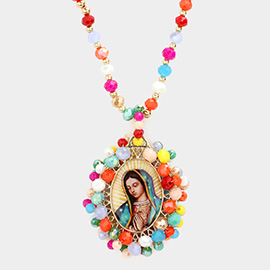 Virgin Mary Cross Printed Faceted Bead Cluster Pendant Long Necklace