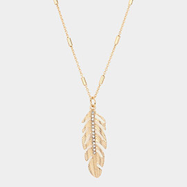 Rhinestone Embellished Metal Feather Pendant Long Necklace