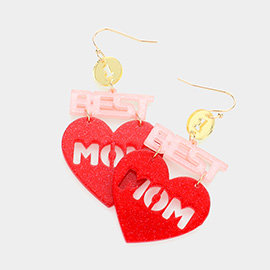 1 Best Mom Glittered Resin Heart Message Link Dangle Earrings