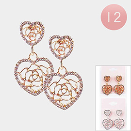 12Pairs - Flower Accented Stone Embellished Heart Dangle Earrings