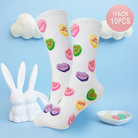 10Pairs - XOXO Be Mine Hug Me Kiss Me Cutie Message Heart Patterned Socks