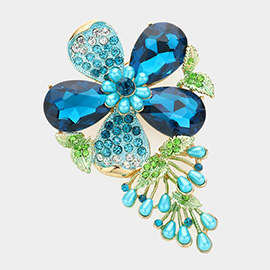 Pearl Embellished Teardrop Stone Accented Flower Leaf Pin Brooch