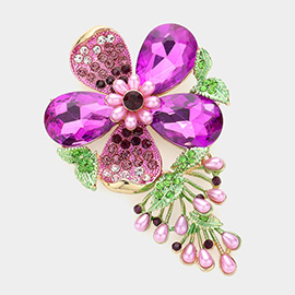 Pearl Embellished Teardrop Stone Accented Flower Leaf Pin Brooch