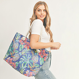 Pineapple Tropical Leaf Patterned Beach Tote Bag