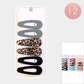 12 Set of 6 - Solid Leopard Patterned Snap Hair Clips