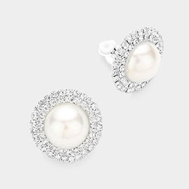 Rhinestone Trimmed Pearl Clip on Earrings