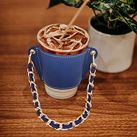 Faux Leather Coffee Cup Sleeve With Metal Chain Suede Strap