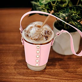 Studded Faux Leather Coffee Cup Sleeve With Strap