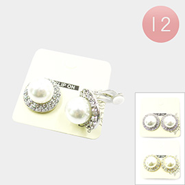 12Pairs - Rhinestone Trimmed Pearl Clip on Earrings