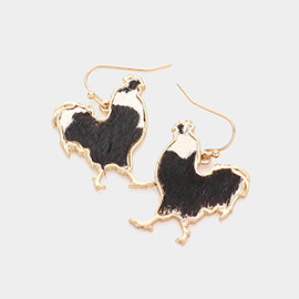 Genuine Leather Calf Cow Patterned Rooster Dangle Earrings