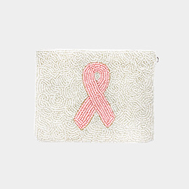 Pink Ribbon Accented Seed Beaded Mini Pouch Bag