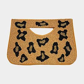 Leopard Patterned Seed Beaded Tote / Crossbody Bag