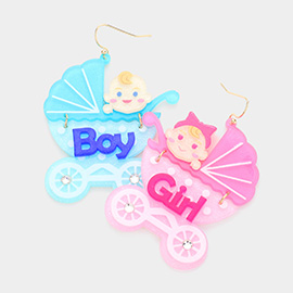 Boy Girl Message Stroller Mismatched Glittered Resin Dangle Earrings