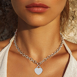 White Gold Dipped Brass Metal Heart Lock Pendant Necklace