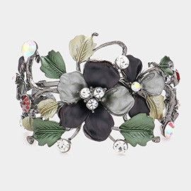 Stone Embellished Colored Metal Flower Leaf Hinged Bracelet