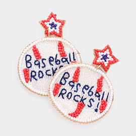 Baseball Rocks! Message Felt Back American USA Flag Seed Beaded Star Embroidery Dangle Earrings