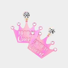 Birthday Queen Message Stone Embellished Colored Metal Crown Dangle Earrings