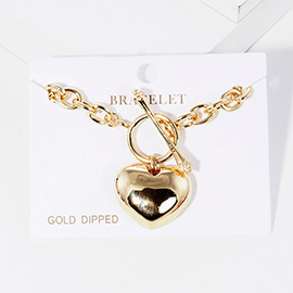 Gold Dipped Metal Heart Charm Toggle Bracelet