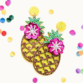 Bead Embellished Glittered Pineapple Dangle Earrings