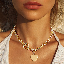 Gold Dipped Brass Metal Heart Lock Pendant Toggle Necklace