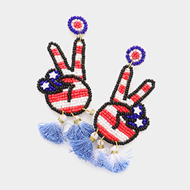 Fabric Back American USA Flag Seed Beaded Peace Sign Triple Ombre Tassel Link Dangle Earrings