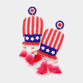 Fabric Back American USA Flag Seed Beaded Hat Triple Ombre Tassel Link Dangle Earrings