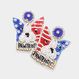 Pawtriotic Message Felt Back American USA Flag Multi Beaded Bulldog Dangle Earrings