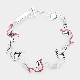 Rhinestone Embellished Metal Flamingo Link Magnetic Bracelet